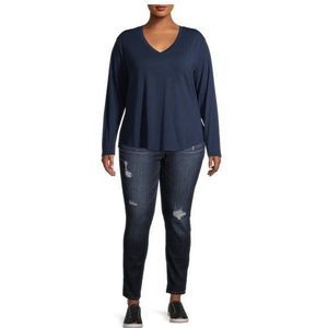 Terra & Sky Women's Plus Size V-Neck T-Shirt Long Sleeves 1X 16W-18W navy blue